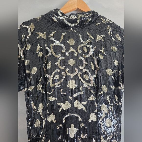 Valentino 1980s Sequined Black and Gold Tiered Taffeta and Lace Dress Rare XS - Picture 11 of 15